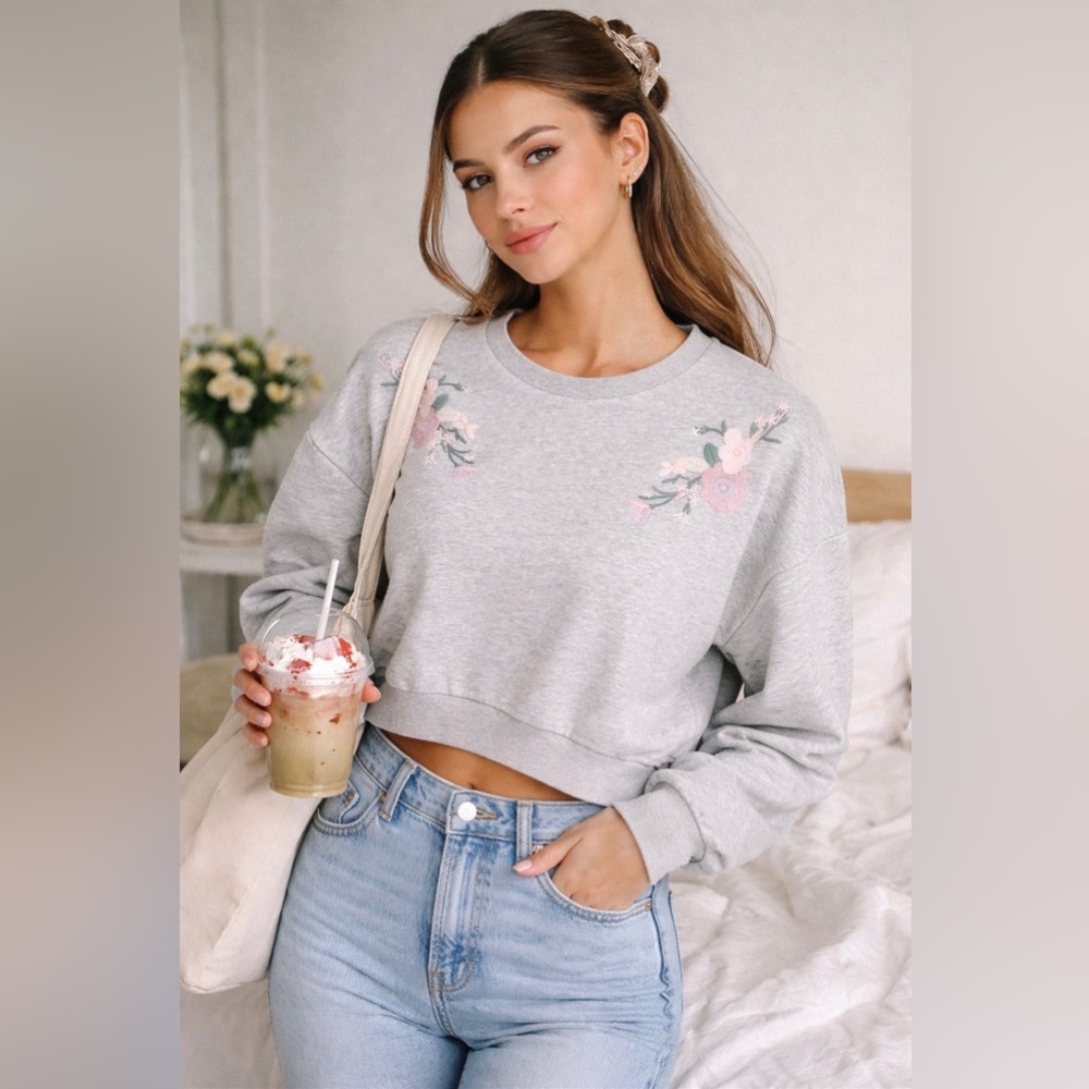 Soft Girl Floral Embroidered Cropped Sweatshirt | Cozy Spring Aesthetic